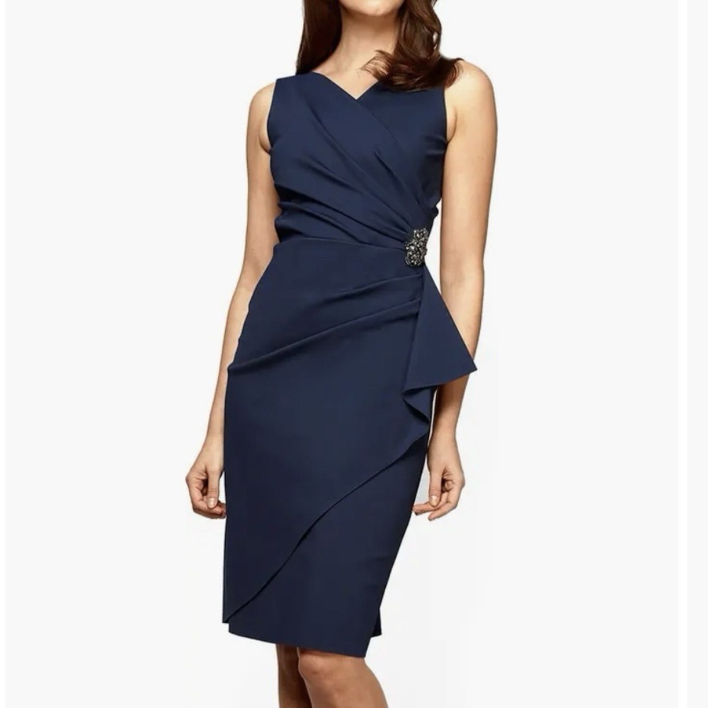 Alex Evenings Navy Blue Faux Wrap Side Ruched  Sleeveless Cocktail Dress Size‎ 2